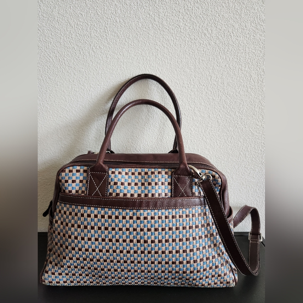 Carlo Carmagnini Italian Leather Checker Tote Blue Brown Satchel Crossbody Bag
